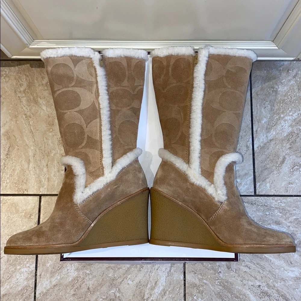 COACH Jordana Suede Shearling Trim Wedge Boots in Tan & Beige in Size 7 - Picture 6 of 15